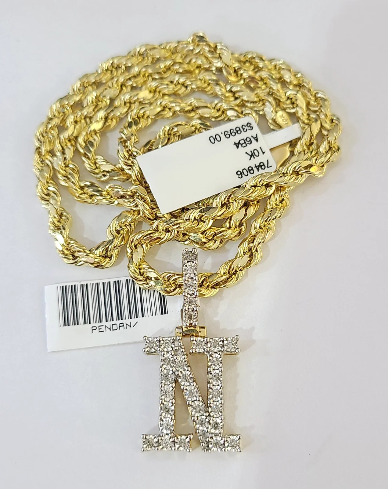 10k Rope Chain N Diamond Initial Charm Necklace Pendant Set 4mm 20"-30" Gold