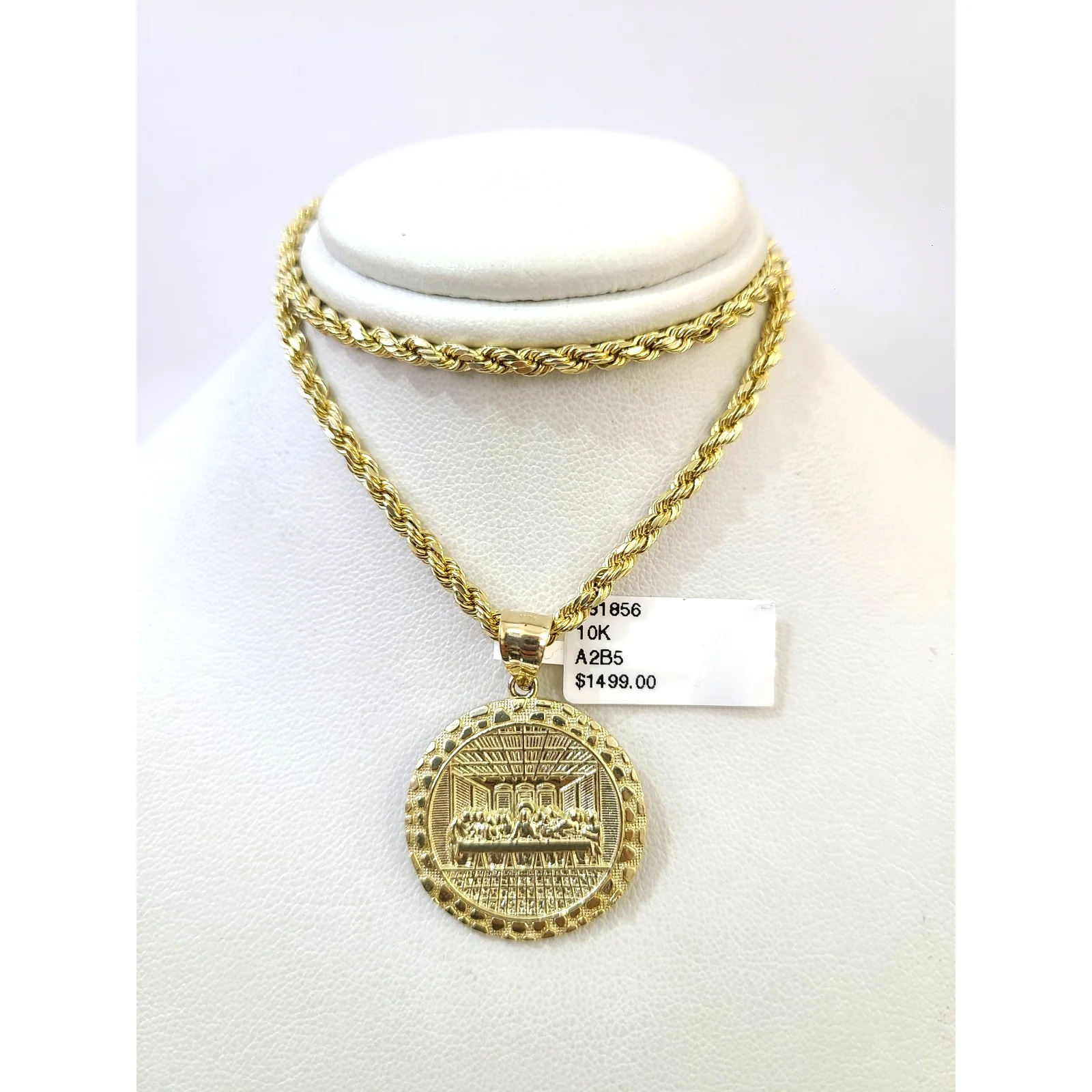 10k Rope Chain Nugget Last Supper Charm Necklace Pendant Set 2mm 18"-24" Gold