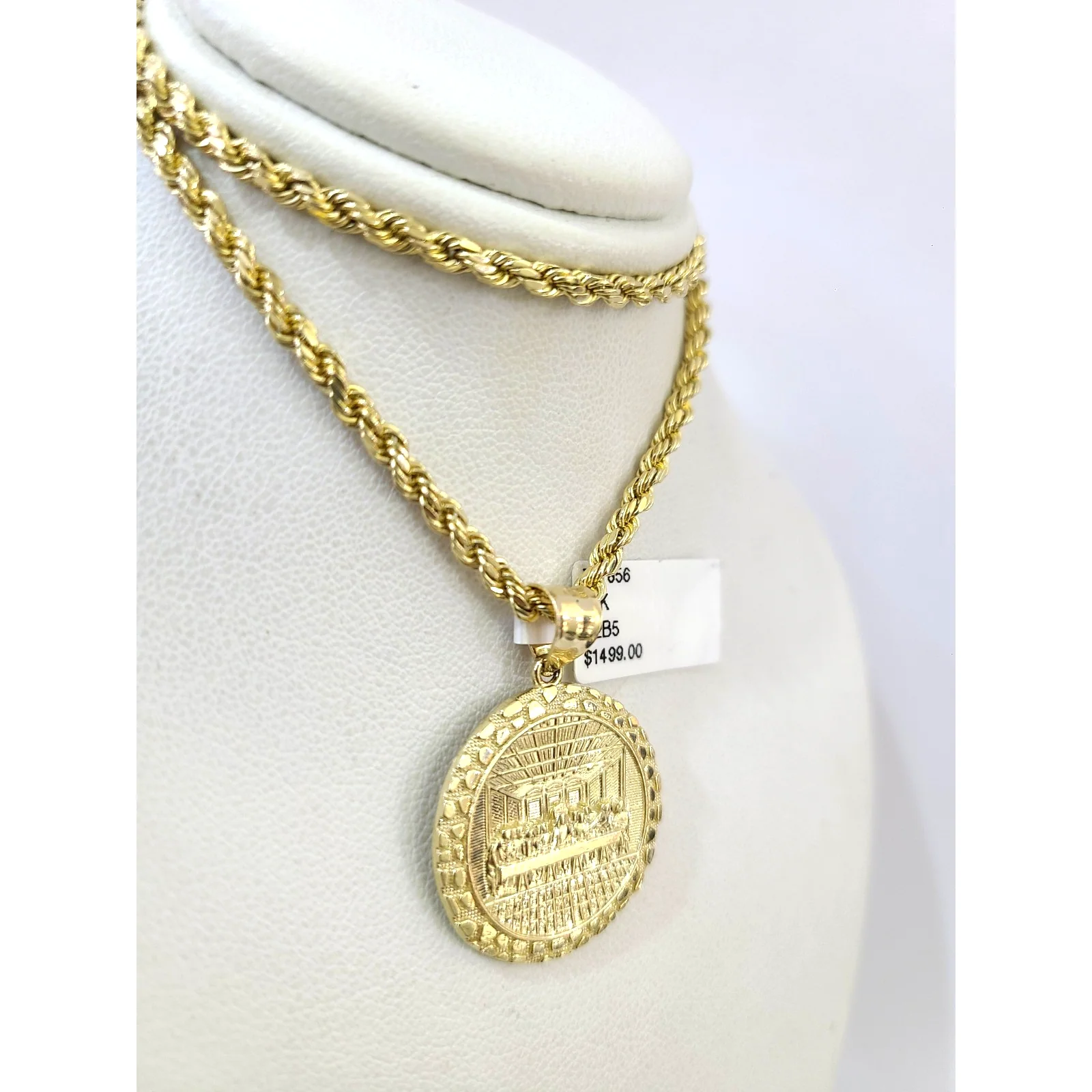 10k Rope Chain Nugget Last Supper Charm Necklace Pendant Set 2mm 18"-24" Gold - Image 4