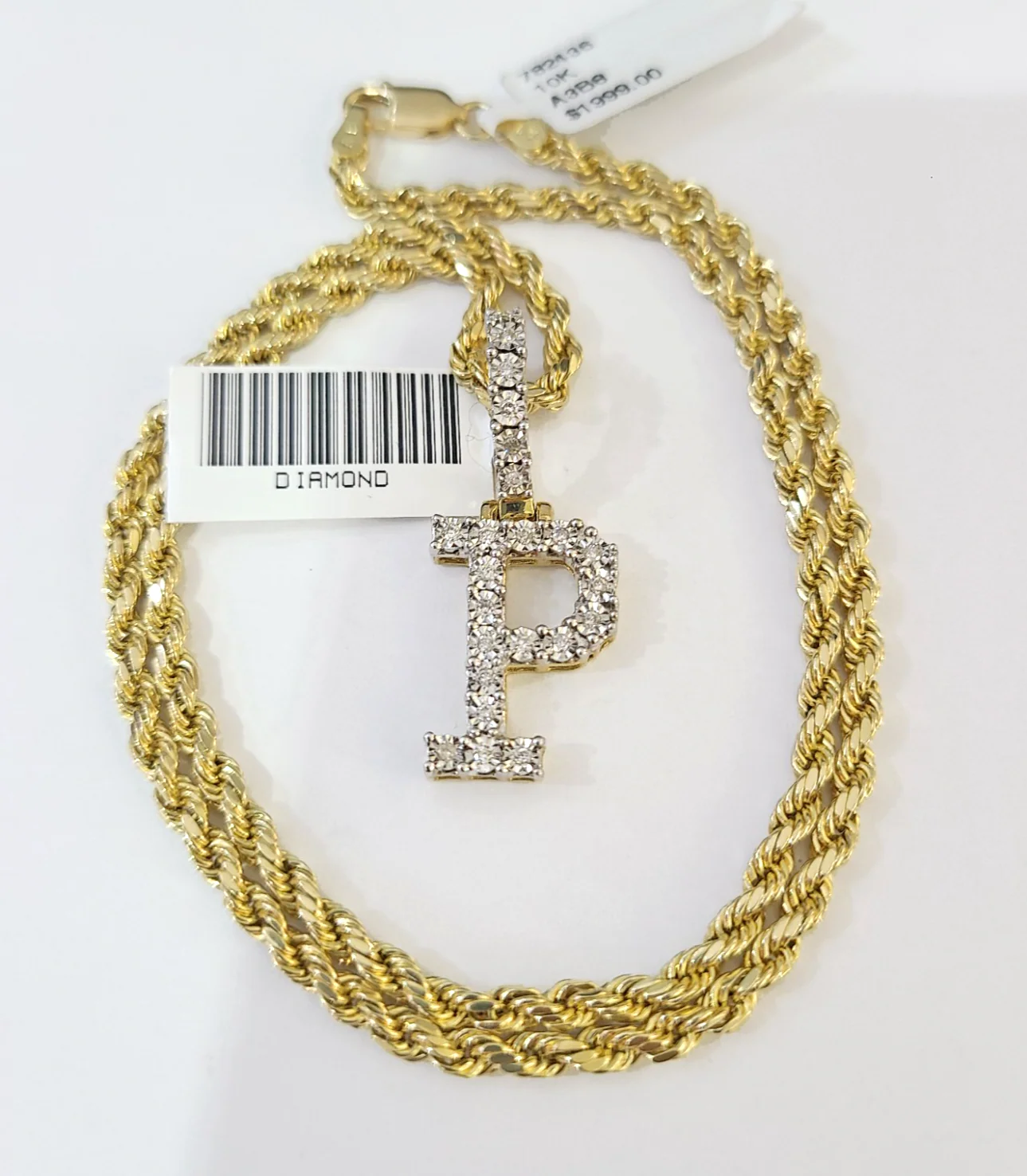 10k Rope Chain P Diamond Initial Charm Necklace Pendant Set 2mm 18"-24" Gold - Image 2