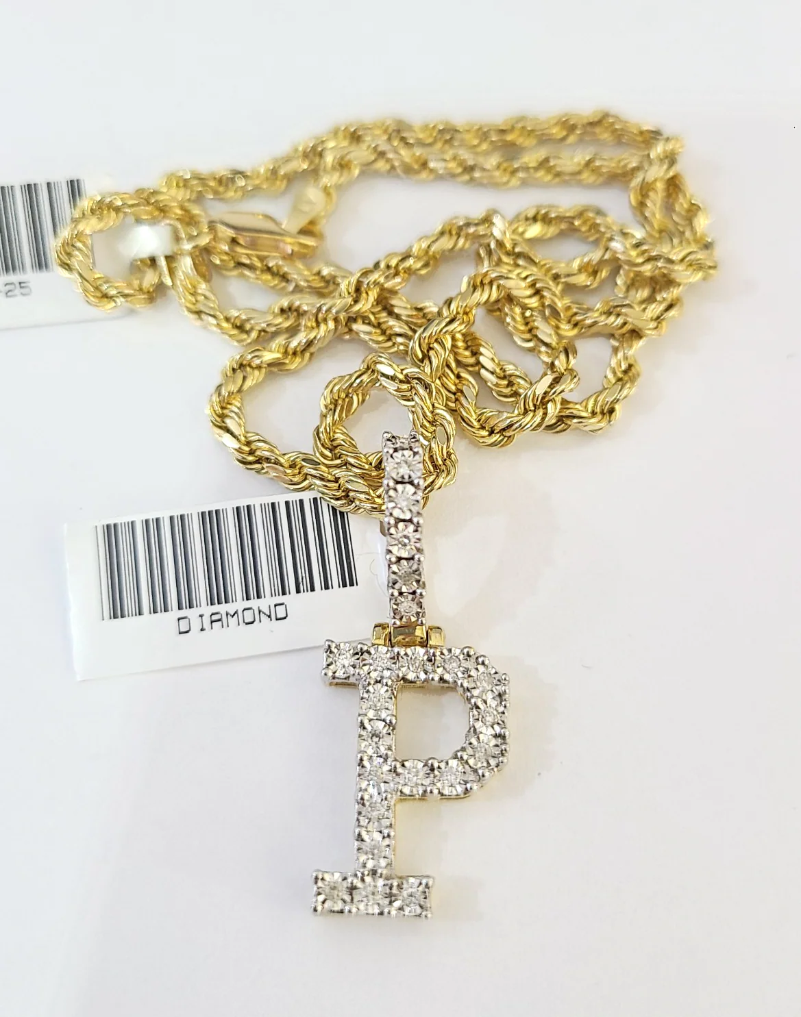 10k Rope Chain P Diamond Initial Charm Necklace Pendant Set 2mm 18"-24" Gold - Image 3