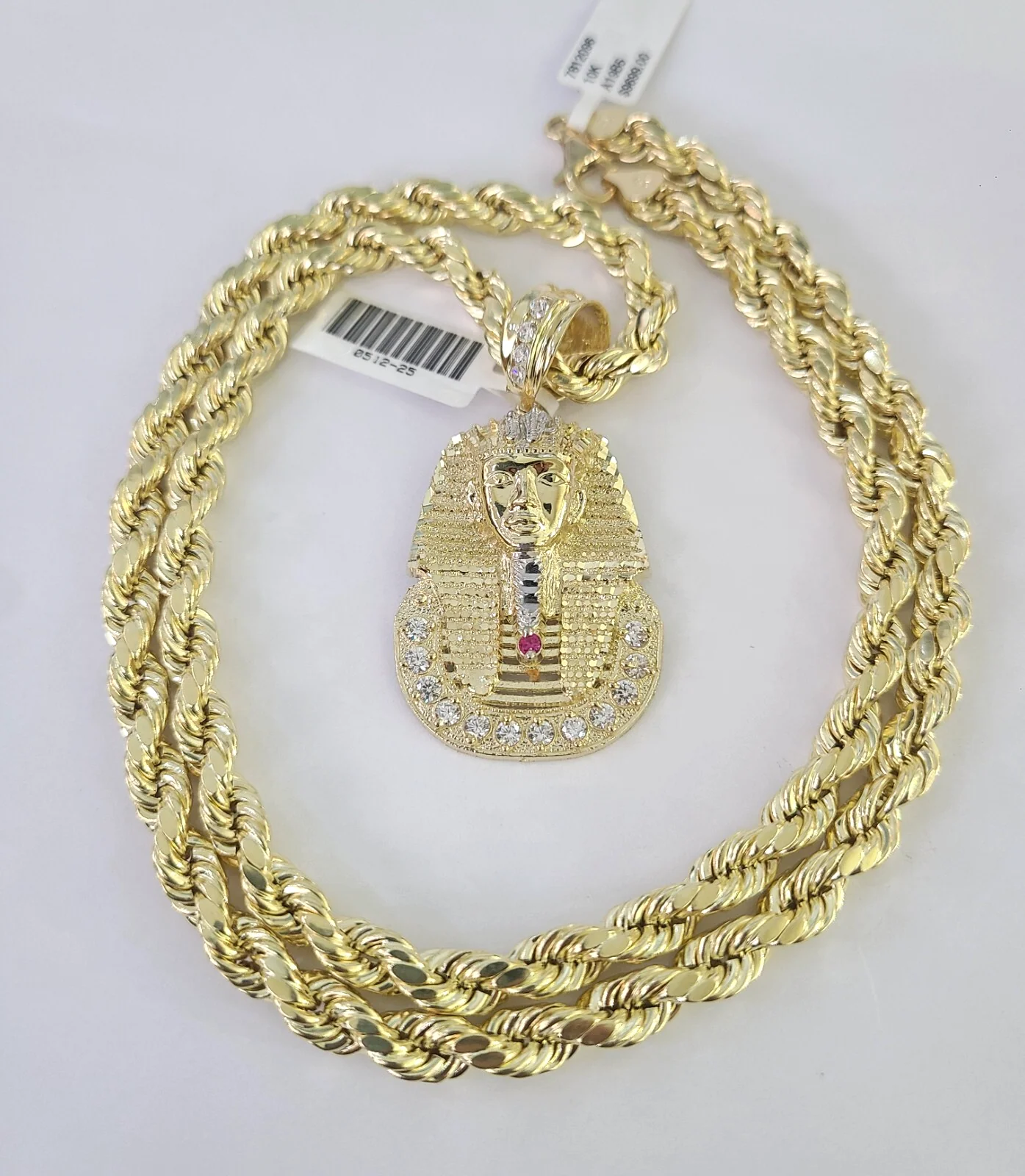 10k Rope Chain Pharaoh Head Charm Pendant Yellow Gold 18"-30'' Inch 7mm Necklace - Image 6