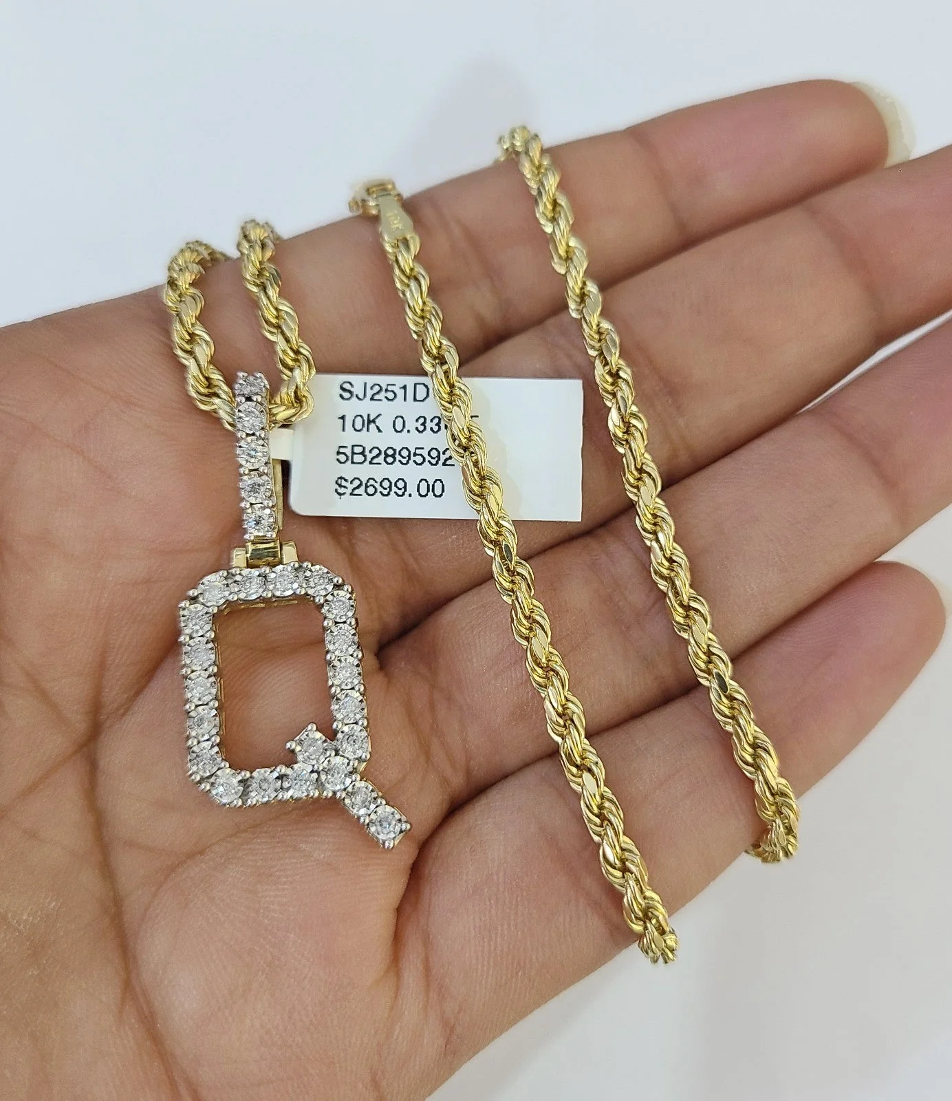 10k Rope Chain Q Diamond Initial Charm Necklace Pendant Set 2mm 18"-24" Gold