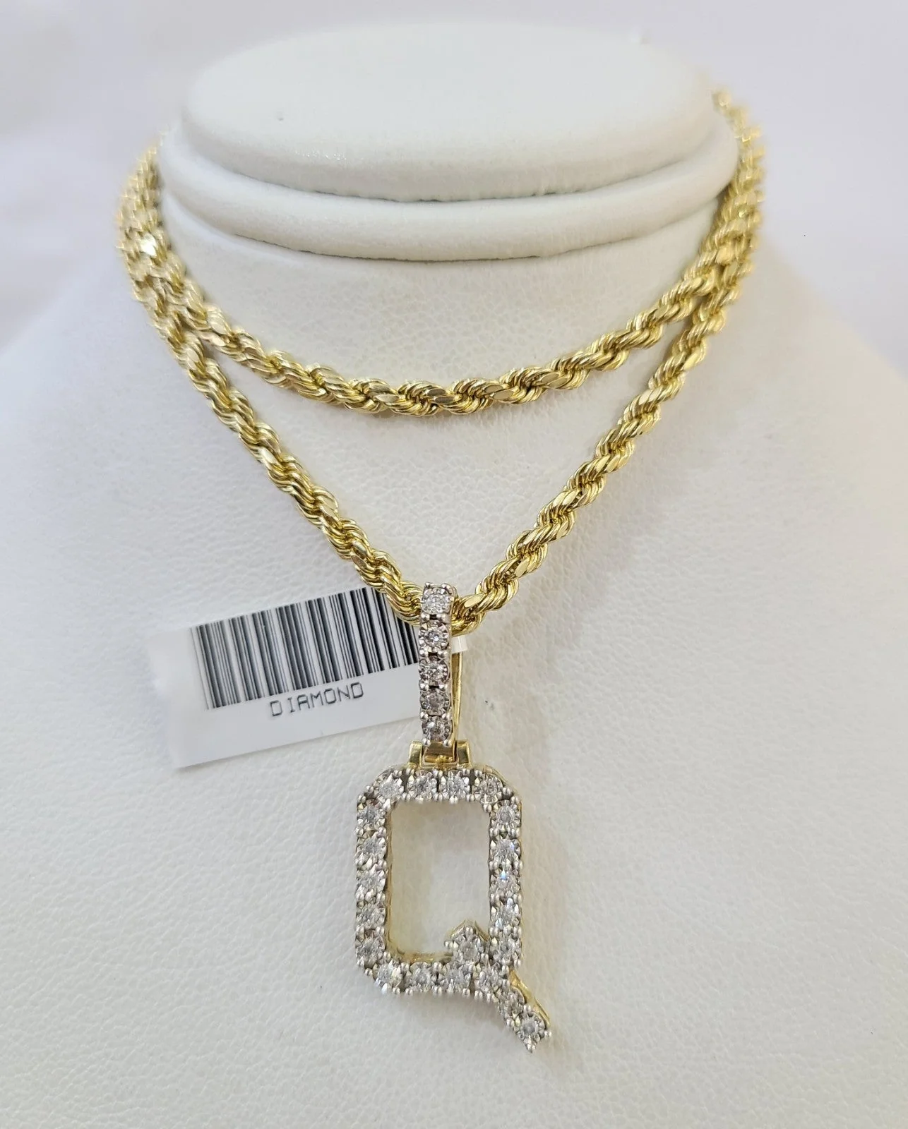 10k Rope Chain Q Diamond Initial Charm Necklace Pendant Set 2mm 18"-24" Gold - Image 3