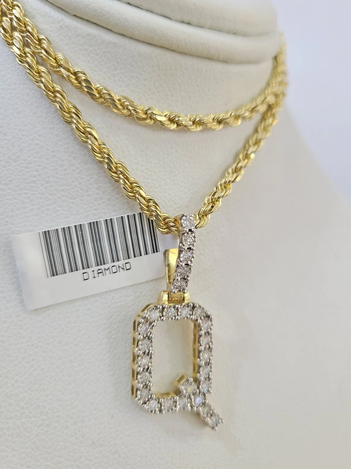 10k Rope Chain Q Diamond Initial Charm Necklace Pendant Set 2mm 18"-24" Gold - Image 6