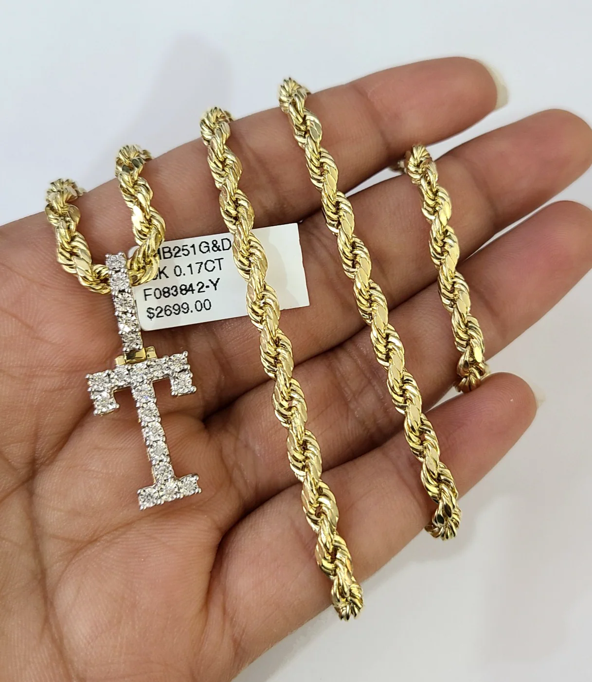 10k Rope Chain T Diamond Initial Charm Necklace Pendant Set 4mm 20"-30" Gold - Image 6