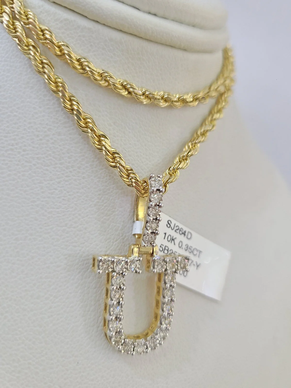 10k Rope Chain U Diamond Initial Charm Necklace Pendant Set 2mm 18"-24" Gold - Image 6