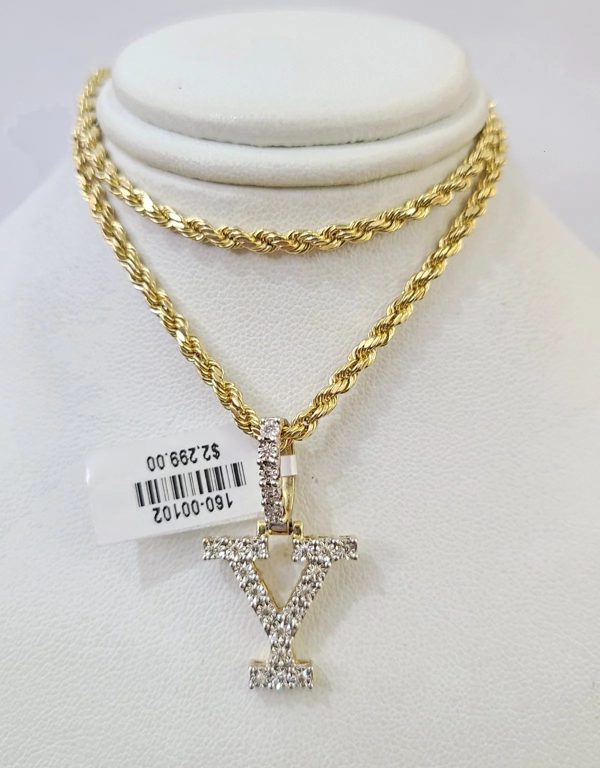 10k Rope Chain Y Diamond Initial Charm Necklace Pendant Set 2mm 18"-24" Gold