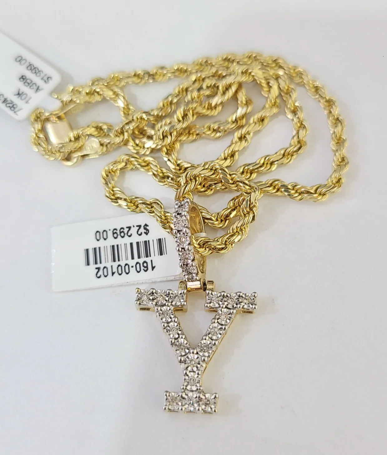10k Rope Chain Y Diamond Initial Charm Necklace Pendant Set 2mm 18"-24" Gold - Image 6