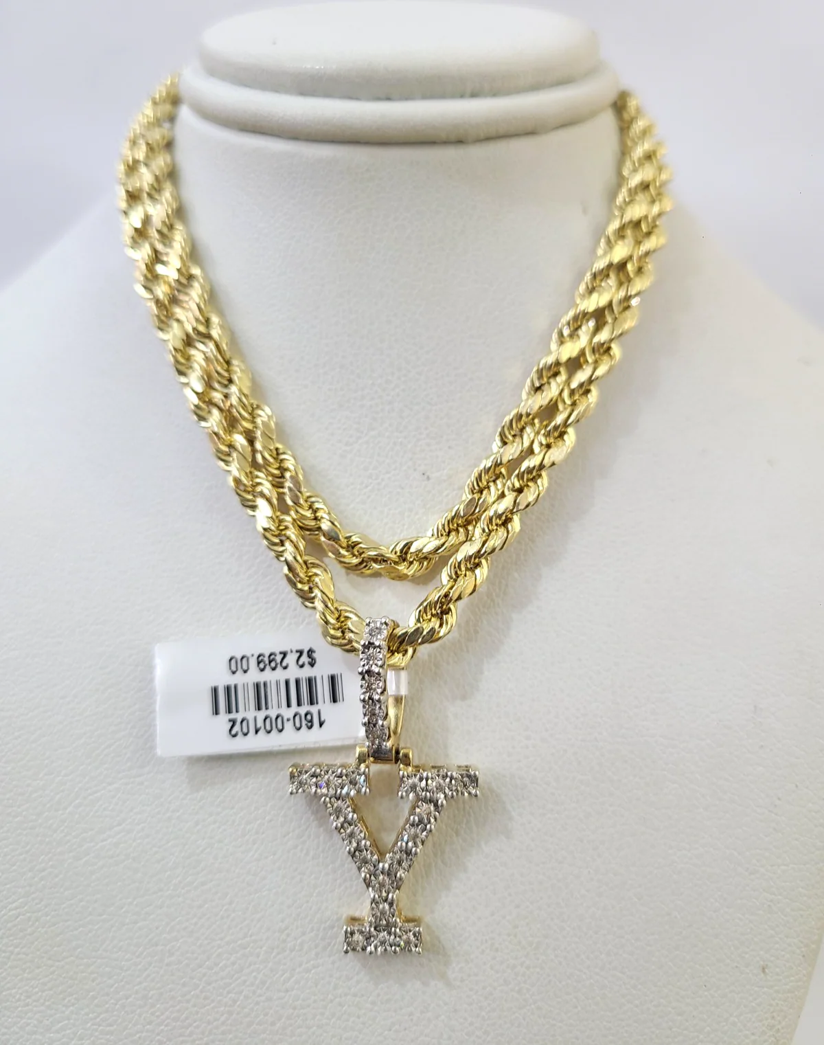 10k Rope Chain Y Diamond Initial Charm Necklace Pendant Set 4mm 20"-30" Gold