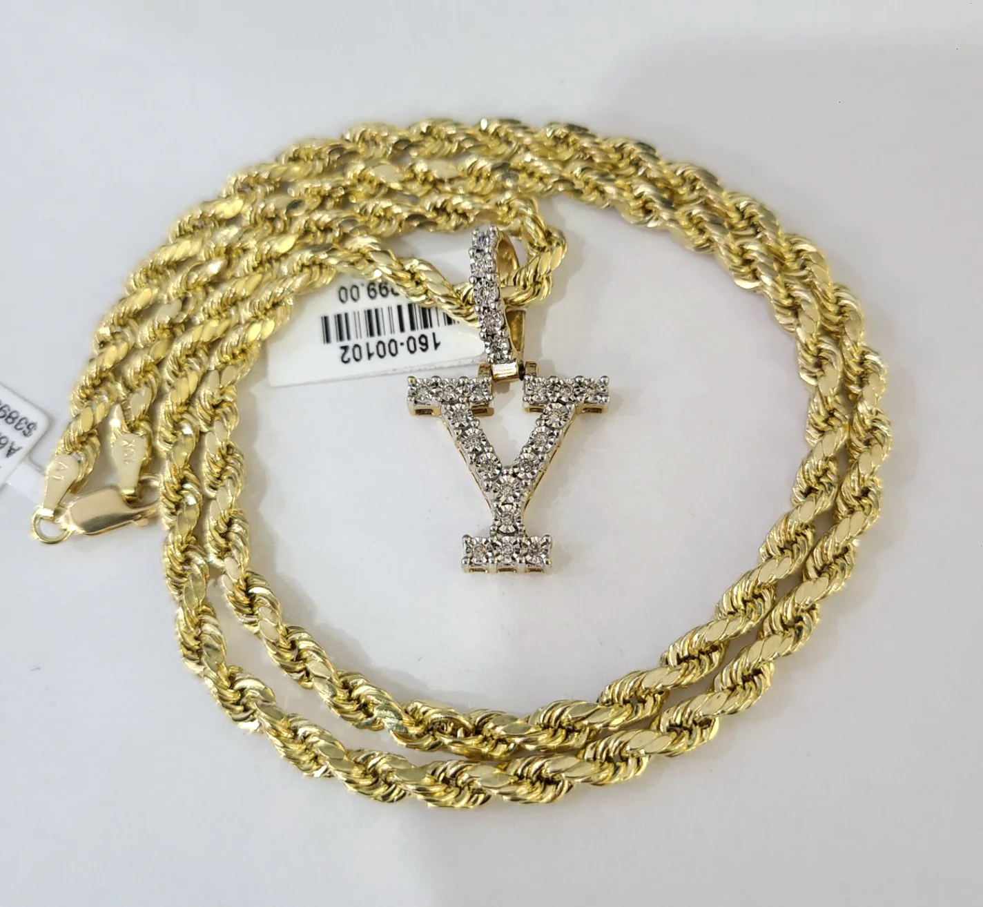 10k Rope Chain Y Diamond Initial Charm Necklace Pendant Set 4mm 20"-30" Gold - Image 3