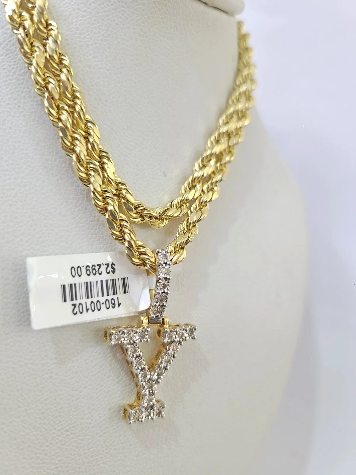 10k Rope Chain Y Diamond Initial Charm Necklace Pendant Set 4mm 20"-30" Gold - Image 4
