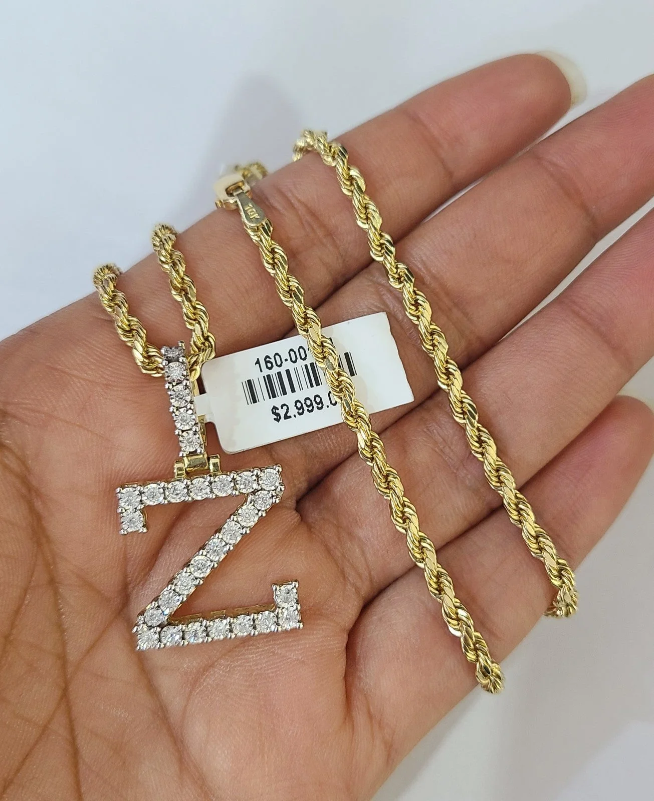 10k Rope Chain Z Diamond Initial Charm Necklace Pendant Set 2mm 18"-24" Gold