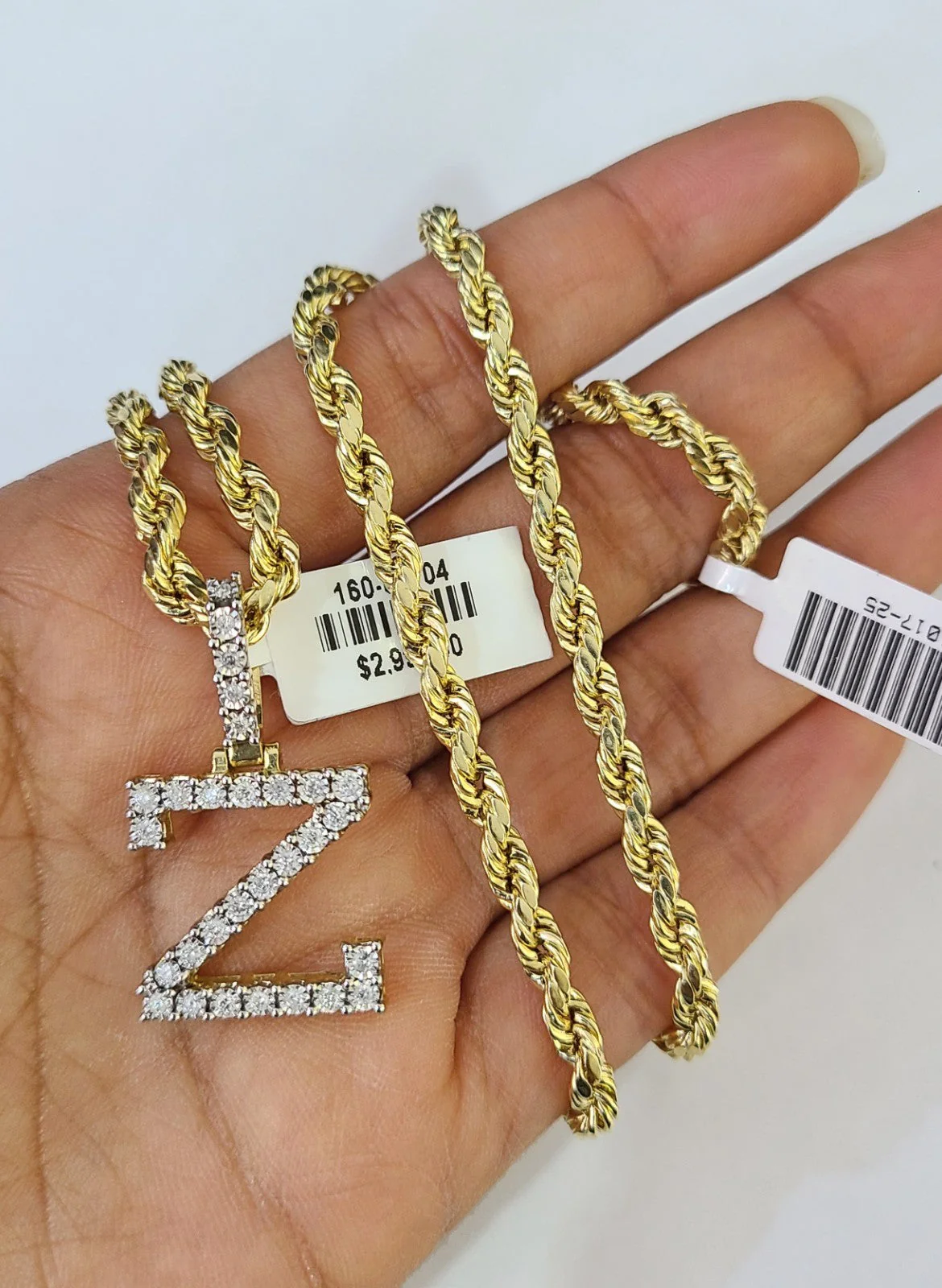 10k Rope Chain Z Diamond Initial Charm Necklace Pendant Set 4mm 20"-30" Gold