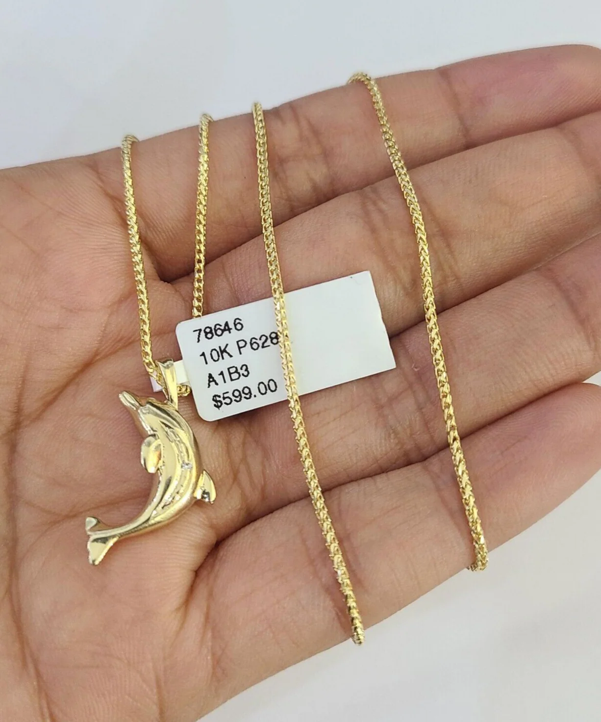 10K Solid Franco Chain Dolphin Pendant Charm Necklace 16"-22" 1mm Gold - Image 2