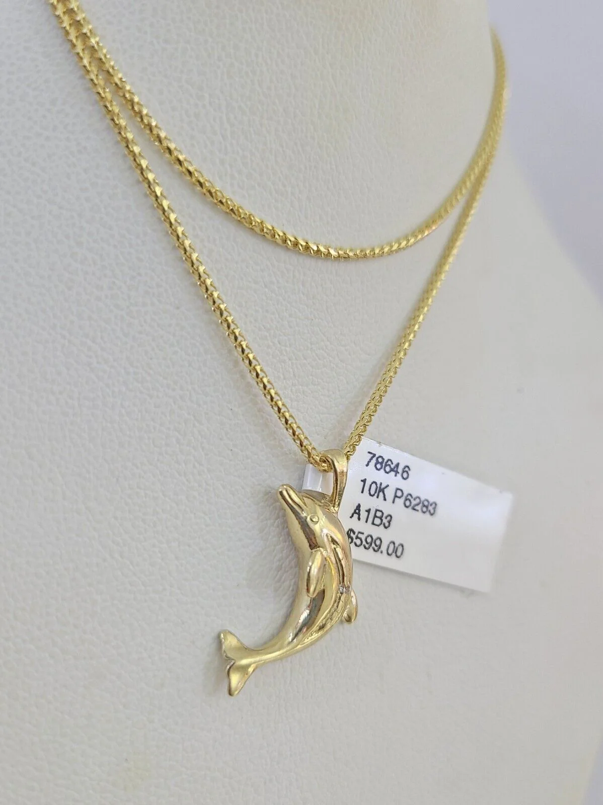 10K Solid Franco Chain Dolphin Pendant Charm Necklace 16"-22" 1mm Gold - Image 6