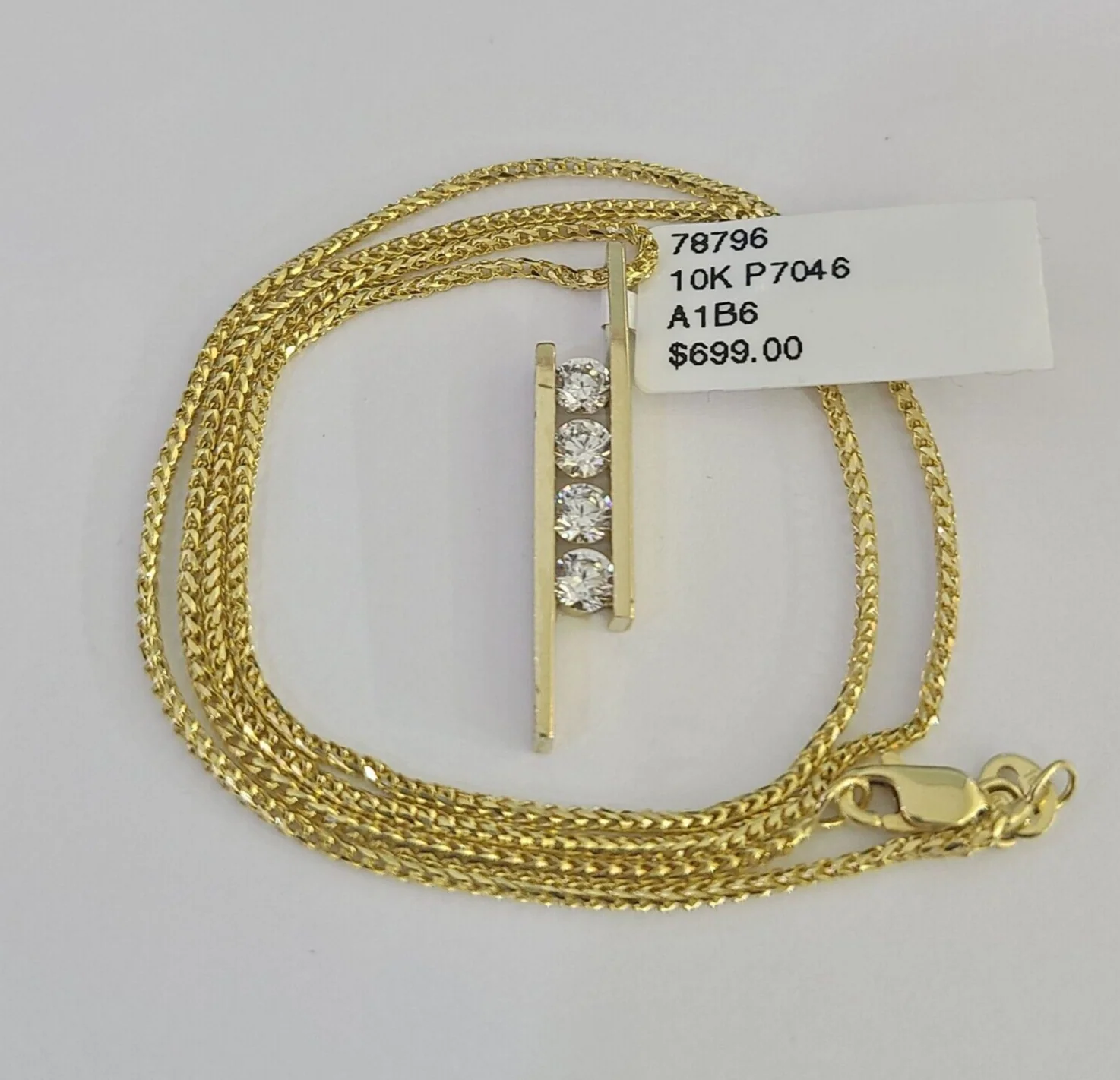 10K Solid Franco Chain Four Stones Pendant Charm Necklace 16"-22" 1mm Gold - Image 3