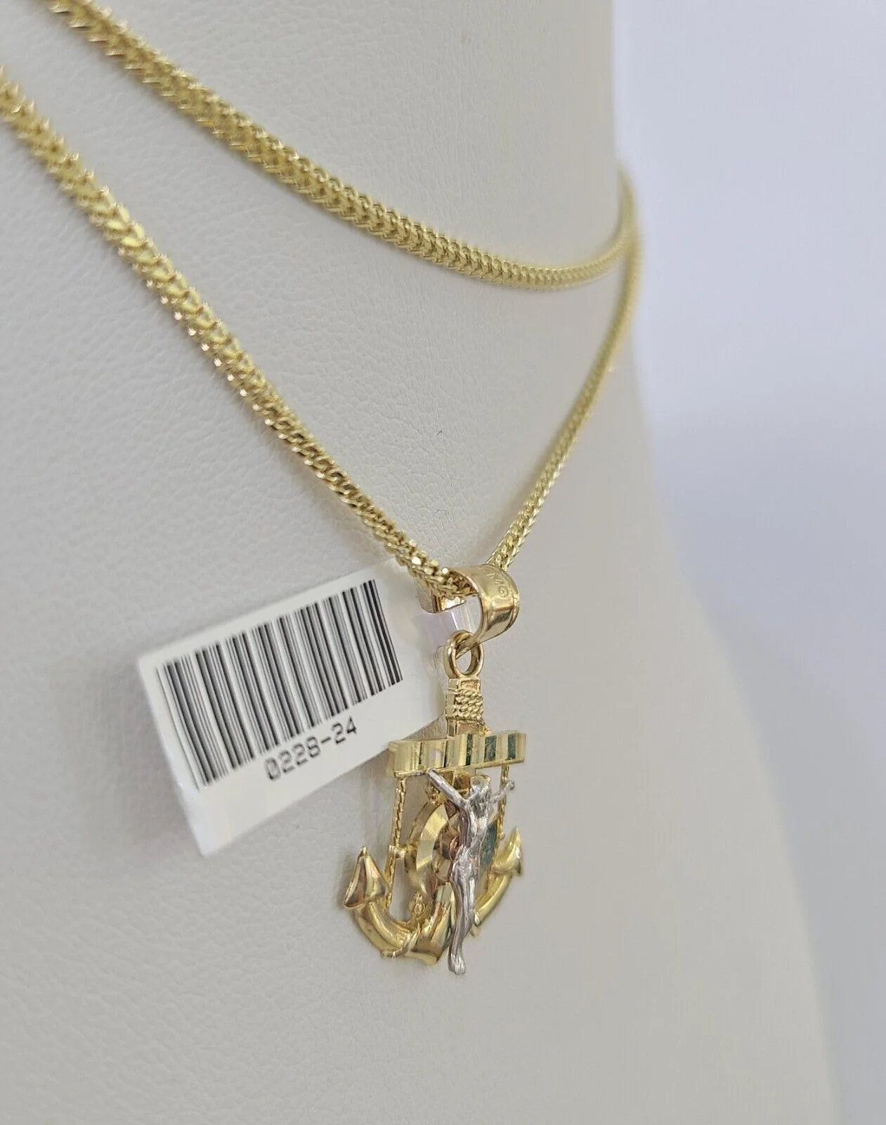 10K Solid Franco Chain Jesus Anchor Pendant Charm Necklace 18"-24" 1mm Gold - Image 6