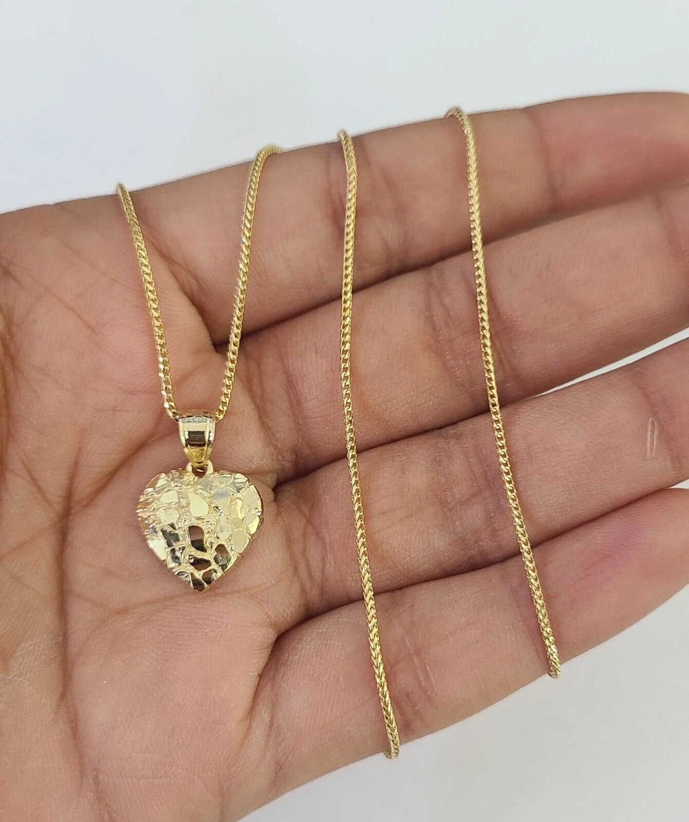 10K Solid Franco Chain Nugget Heart Pendant Charm Necklace 18"-24" 1mm Gold - Image 6
