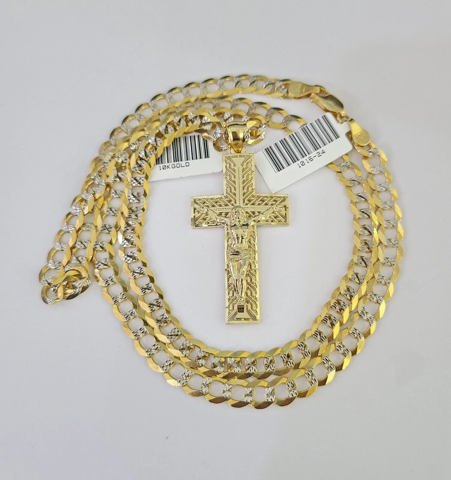 10k Solid Gold Cuban Curb Chain Jesus Cross Pendant 6mm 20"-30" SET Necklace - Image 2
