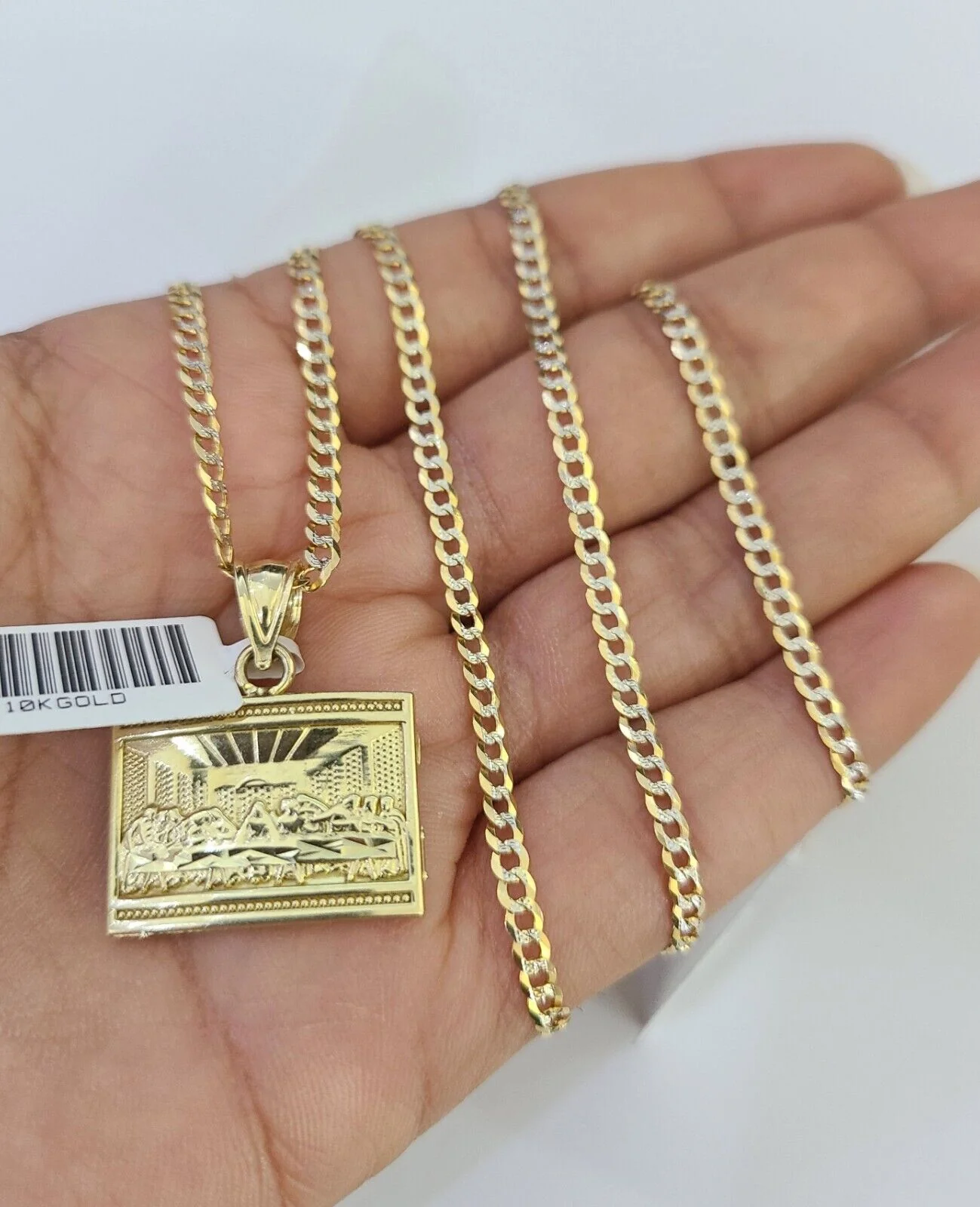 10k Solid Gold Cuban Curb Chain Last Supper Pendant 2mm 18"-24" SET Necklace - Image 6