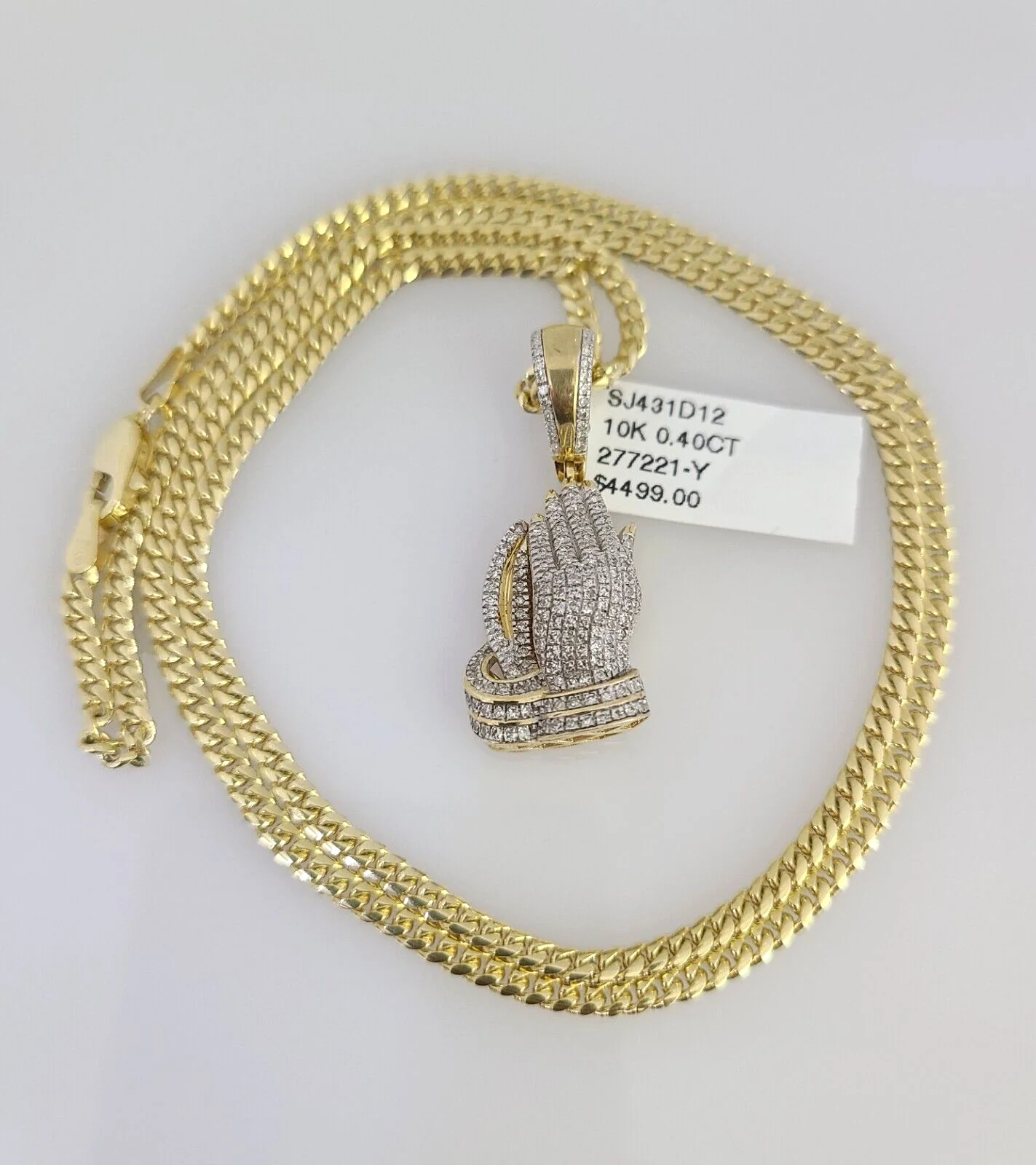 10K Solid Gold Miami Cuban Chain SET Diamond Praying Hands Charm 18"-26" 2.5mm - Image 3