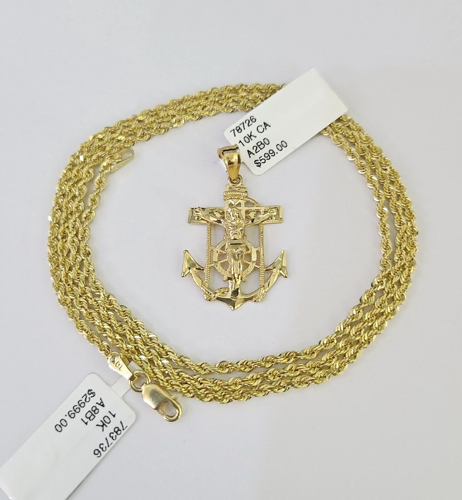 10k Solid Rope Chain 2mm Jesus Anchor Pendant Charm Necklace SET 18-22 in Ladies - Image 2