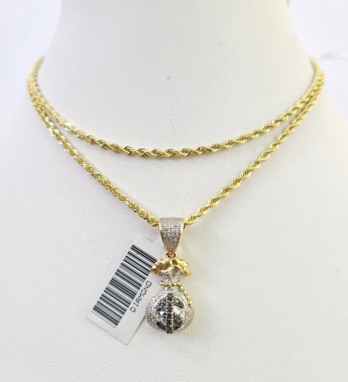 10k Solid Rope Chain 2mm Money Bag Diamond Pendant Charm Necklace SET 18-22 in