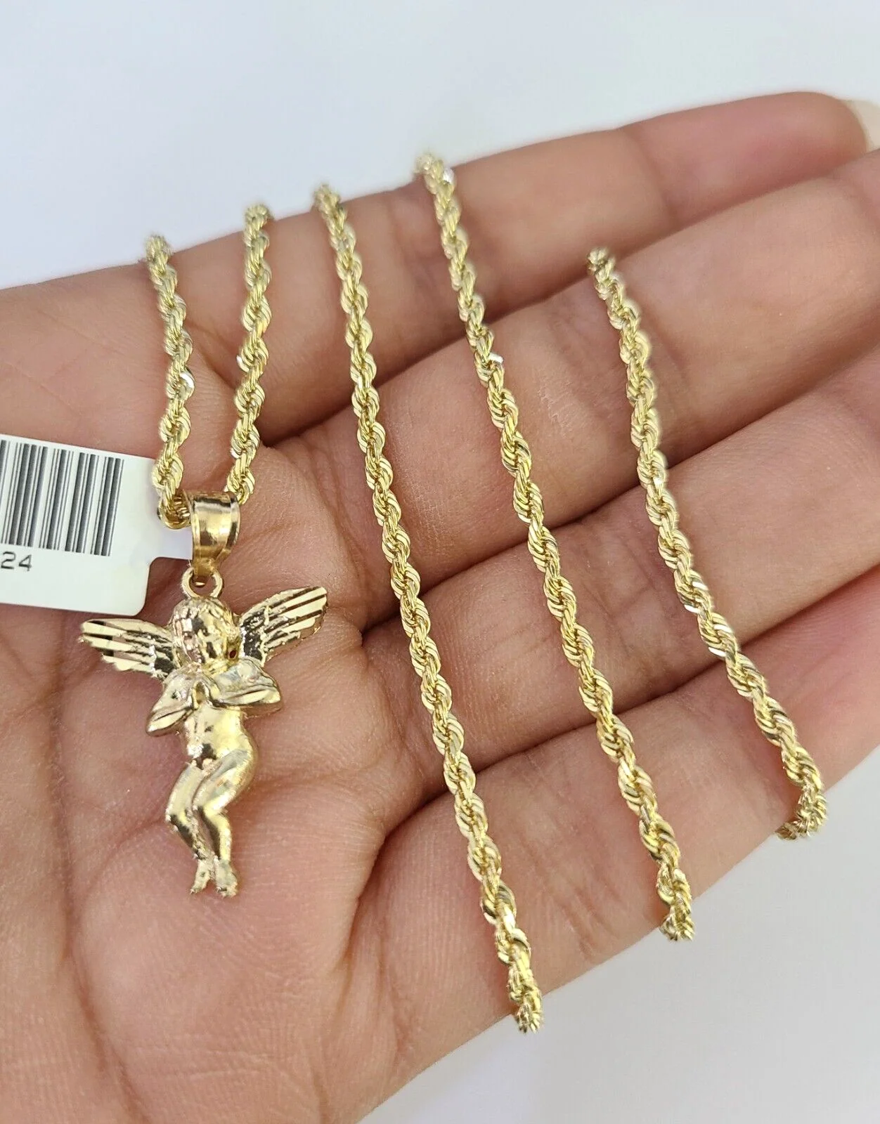 10k Solid Rope Chain 2mm Praying Angel Pendant Charm Necklace SET 18-22" Ladies - Image 3