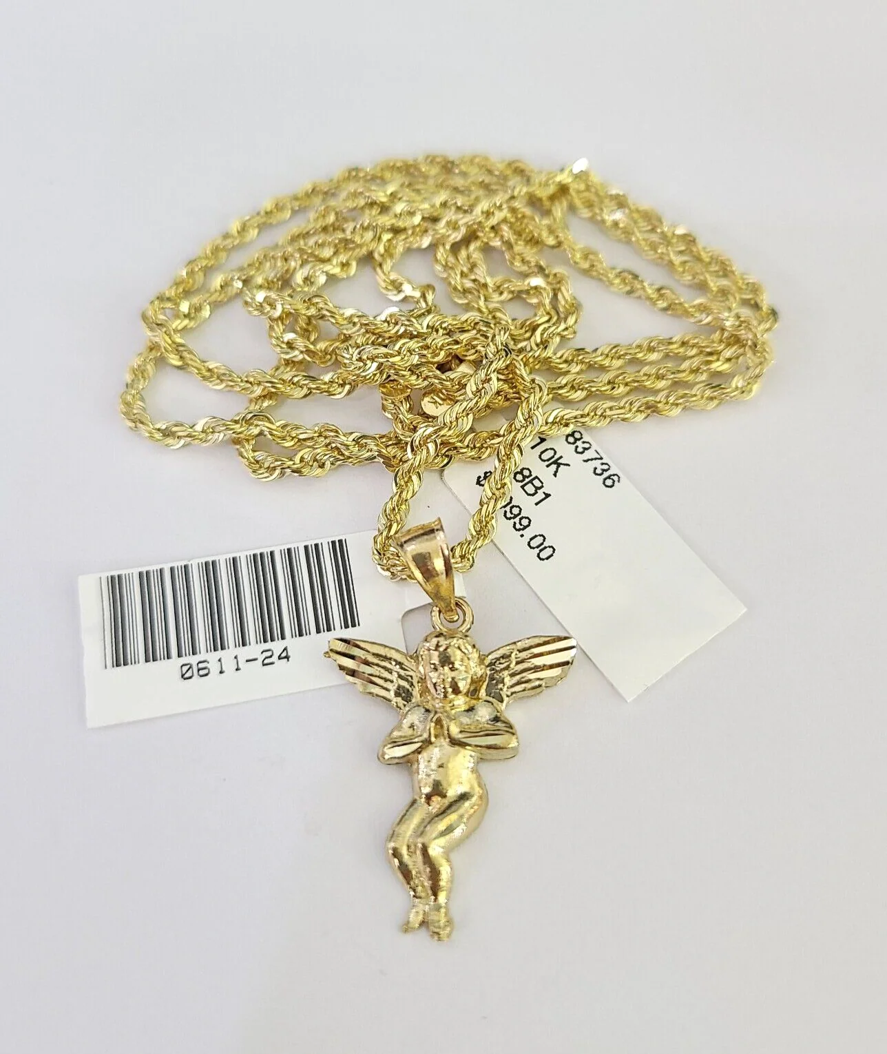 10k Solid Rope Chain 2mm Praying Angel Pendant Charm Necklace SET 18-22" Ladies - Image 5