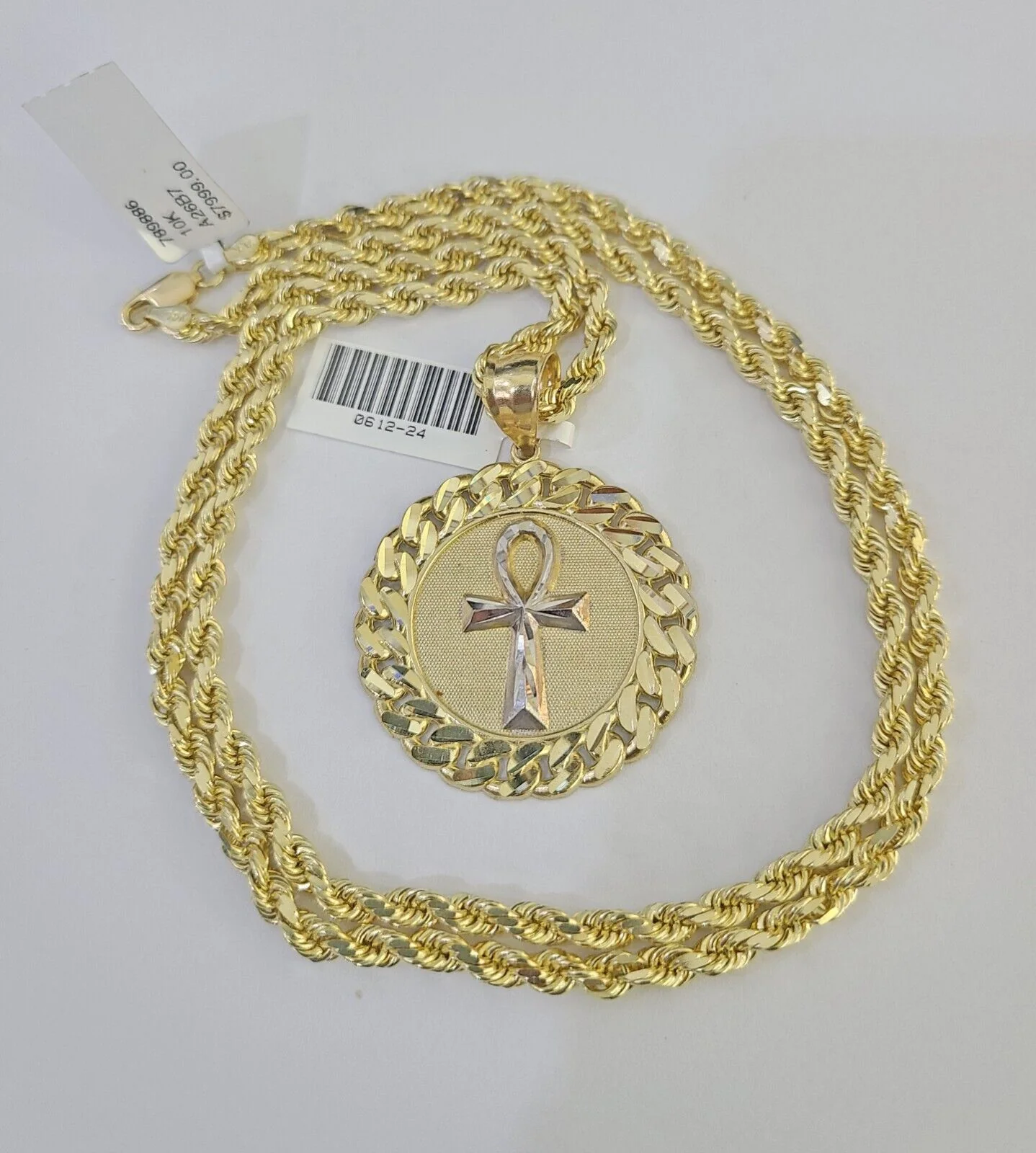 10k Solid Rope Chain Ankh Cross Charm Set 4mm 20"-28" Necklace Gold Yellow - Image 2