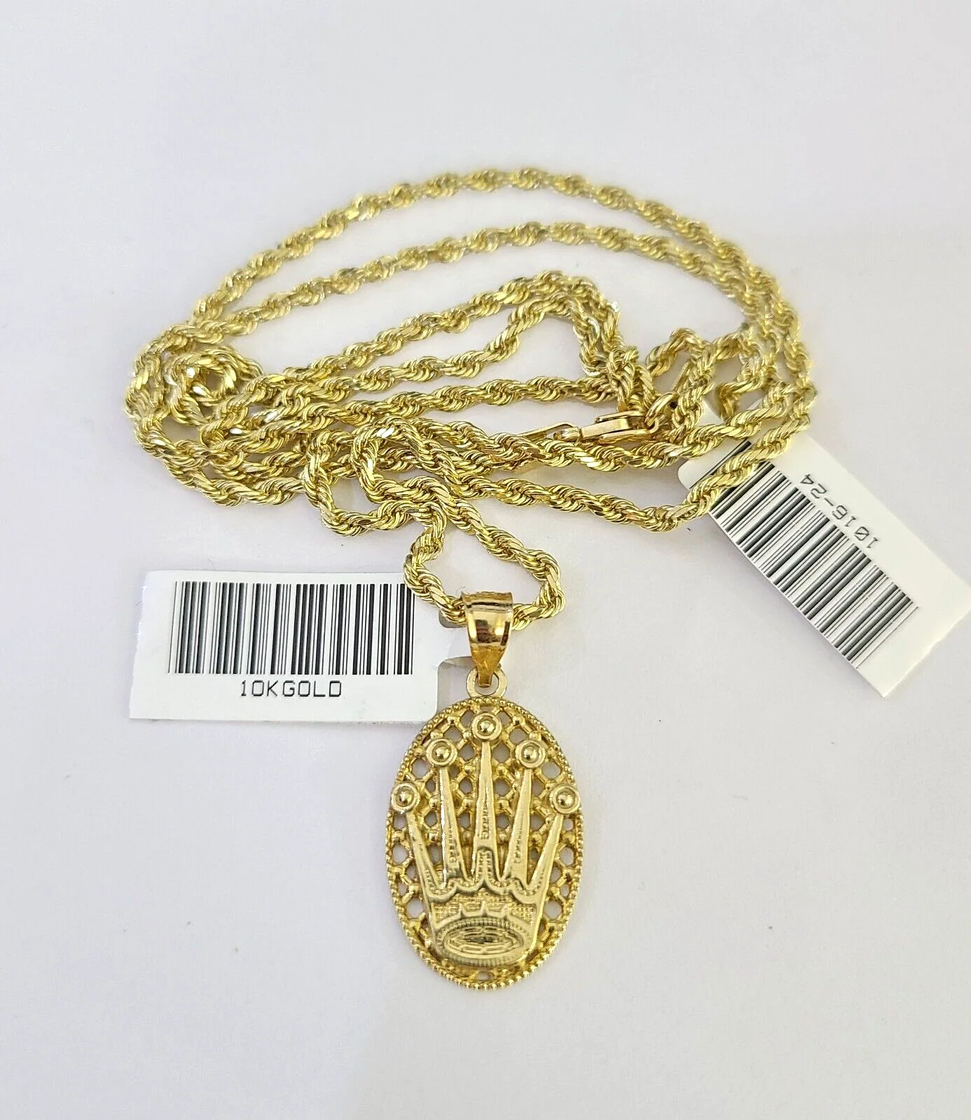 10k Solid Rope Chain Crown Pendant Charm Necklace 18-24" SET 2mm