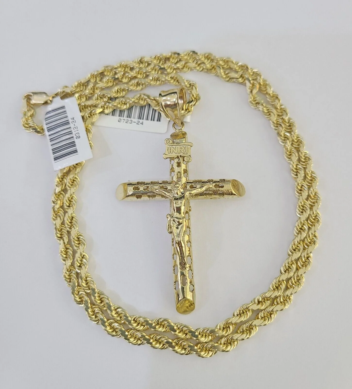 10k Solid Rope Chain INRI Jesus Cross Charm Set 4mm 20"-28" Necklace Gold Yellow - Image 3