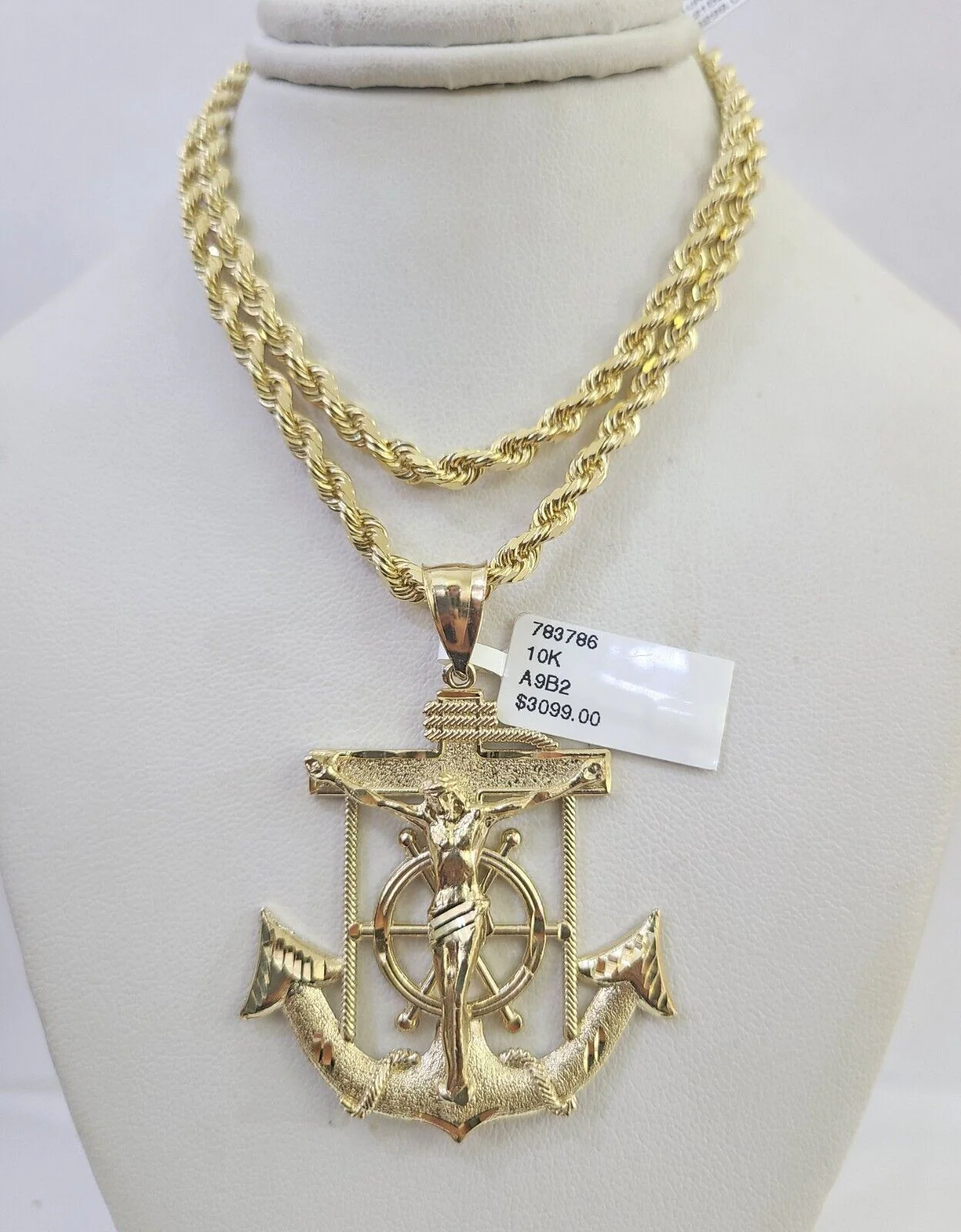 10k Solid Rope Chain Jesus Anchor Charm Set 4mm 18"-30" Necklace Gold Pendant - Image 2