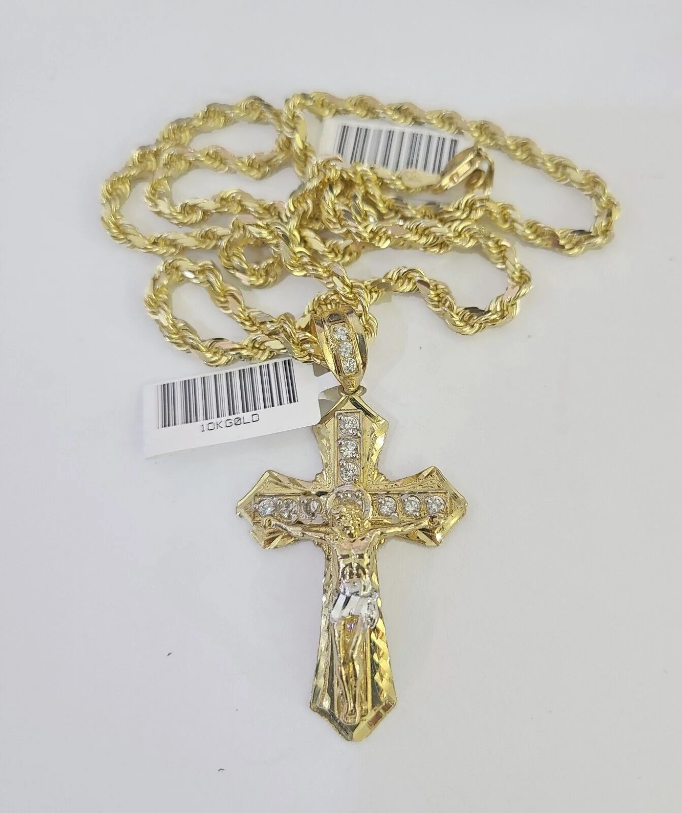 10k Solid Rope Chain Jesus Cross Charm Set 4mm 18"-30" Necklace Gold Pendant - Image 4