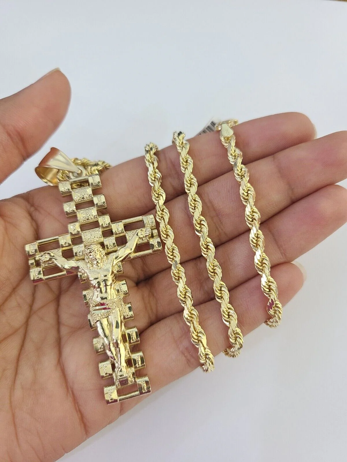 10k Solid Rope Chain Jesus Cross Charm Set 4mm 20"-28" Necklace Gold Yellow - Image 2