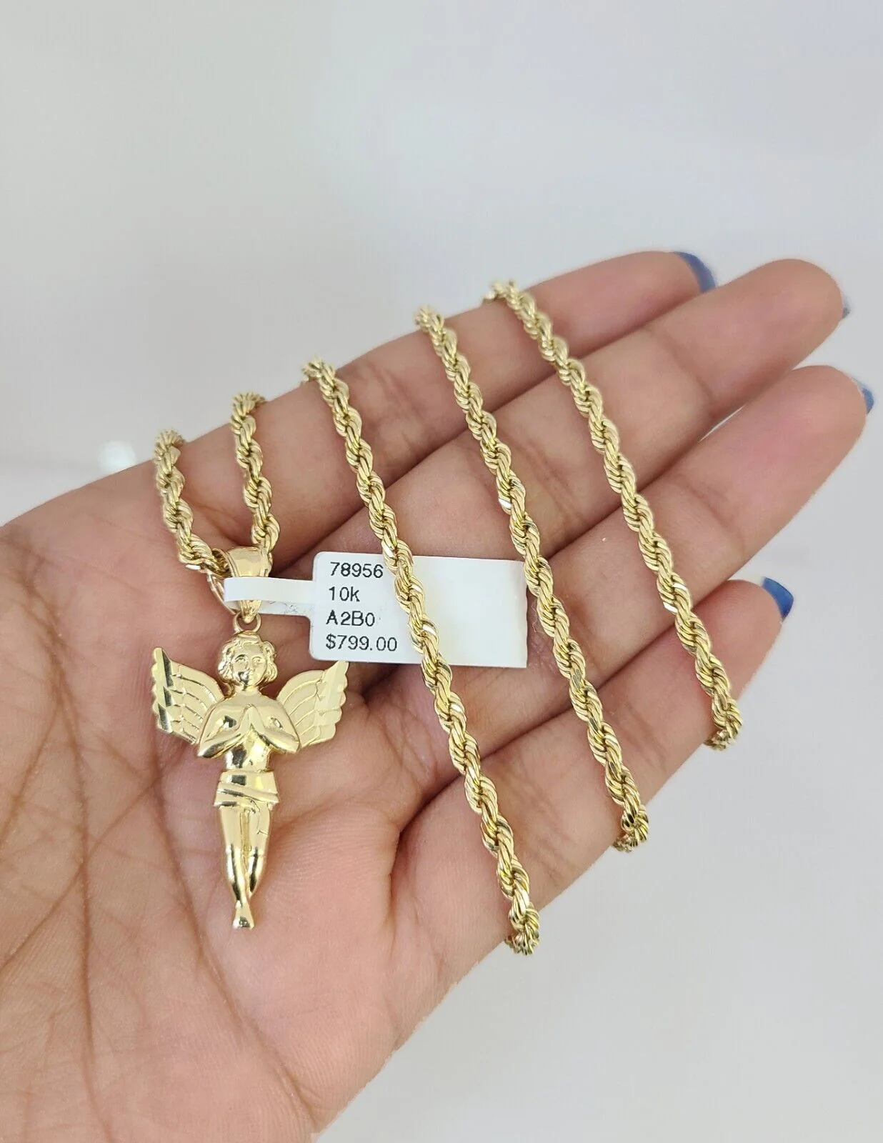 10k Solid Rope Chain Praying Angel Charm Pendant 3mm Set 18"-26" in Necklace