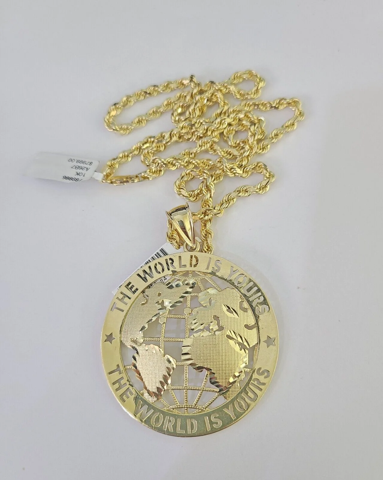 10k Solid Rope Chain World is Yours Charm Set 4mm 20"-28" Necklace Gold Yellow - Image 3
