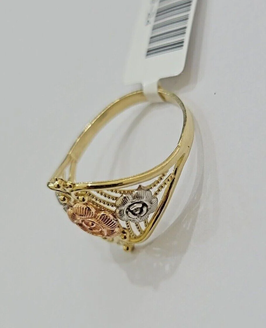 10k Trio Gold Lady Flower Ring Womens Casual Yellow Band Real 10kt Unique Design Ring Sizes 6,7,8,9,10,11 & 12 - Image 2