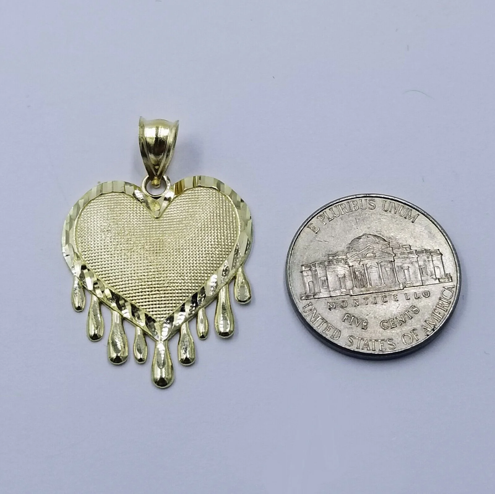 10k Yellow Gold 2.5mm Rope Chain Necklace Dripping Heart Diamond Cut Pendant - Image 6