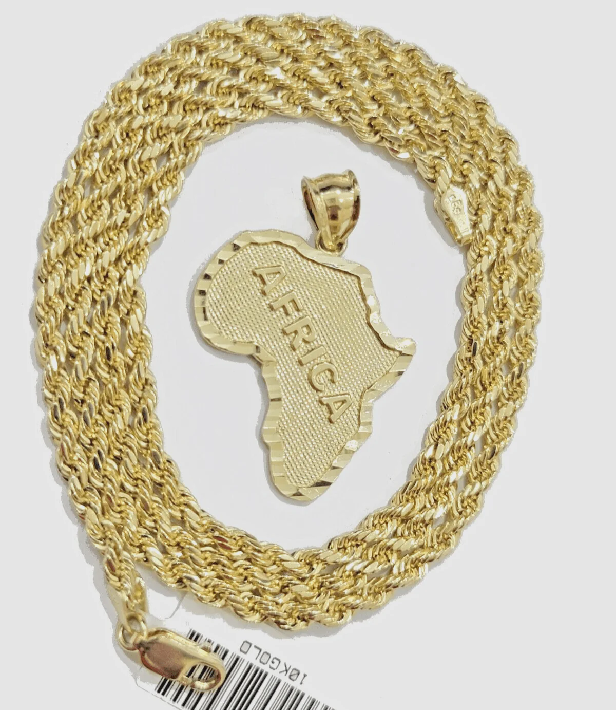 10k Yellow Gold Africa Map Charm Rope Chain 20 Inch Necklace Pendant SET