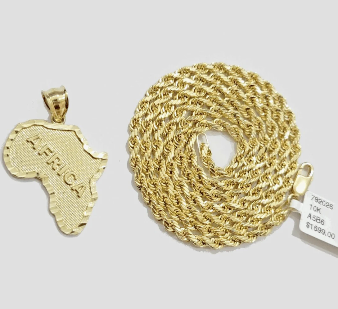10k Yellow Gold Africa Map Charm Rope Chain 26 Inch Necklace Pendant SET - Image 5