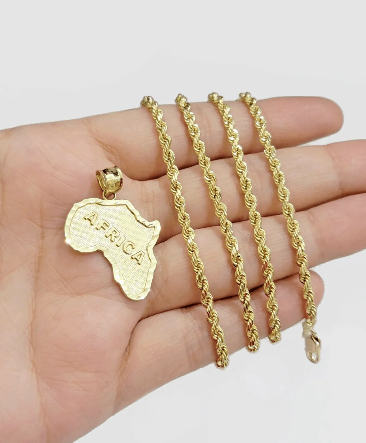 10k Yellow Gold Africa Map Charm Rope Chain Pendant 22 Inch Necklace 10kt