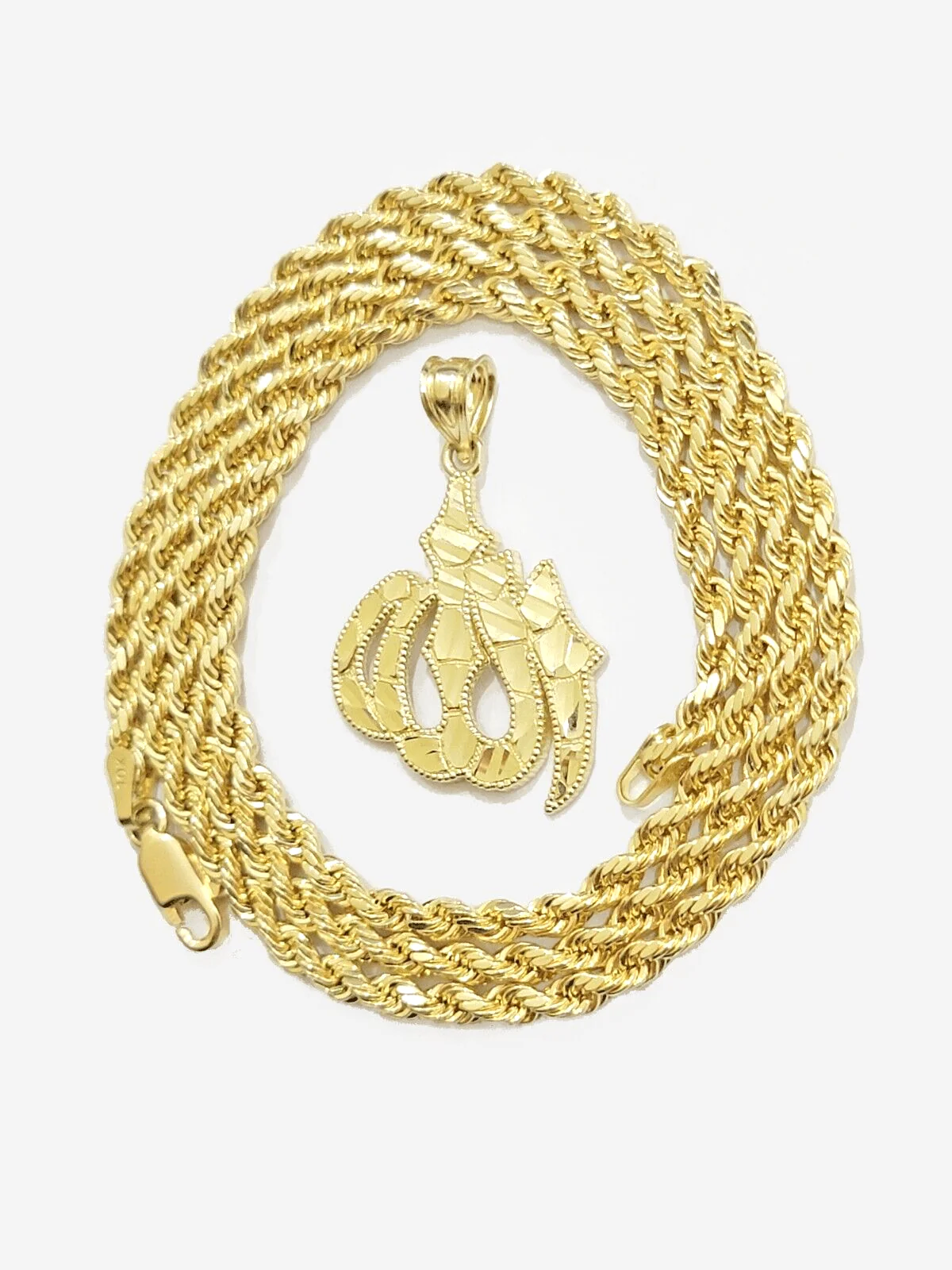 10k Yellow Gold Allah Charm Rope Chain 22 Inch Necklace 10kt Pendant Real