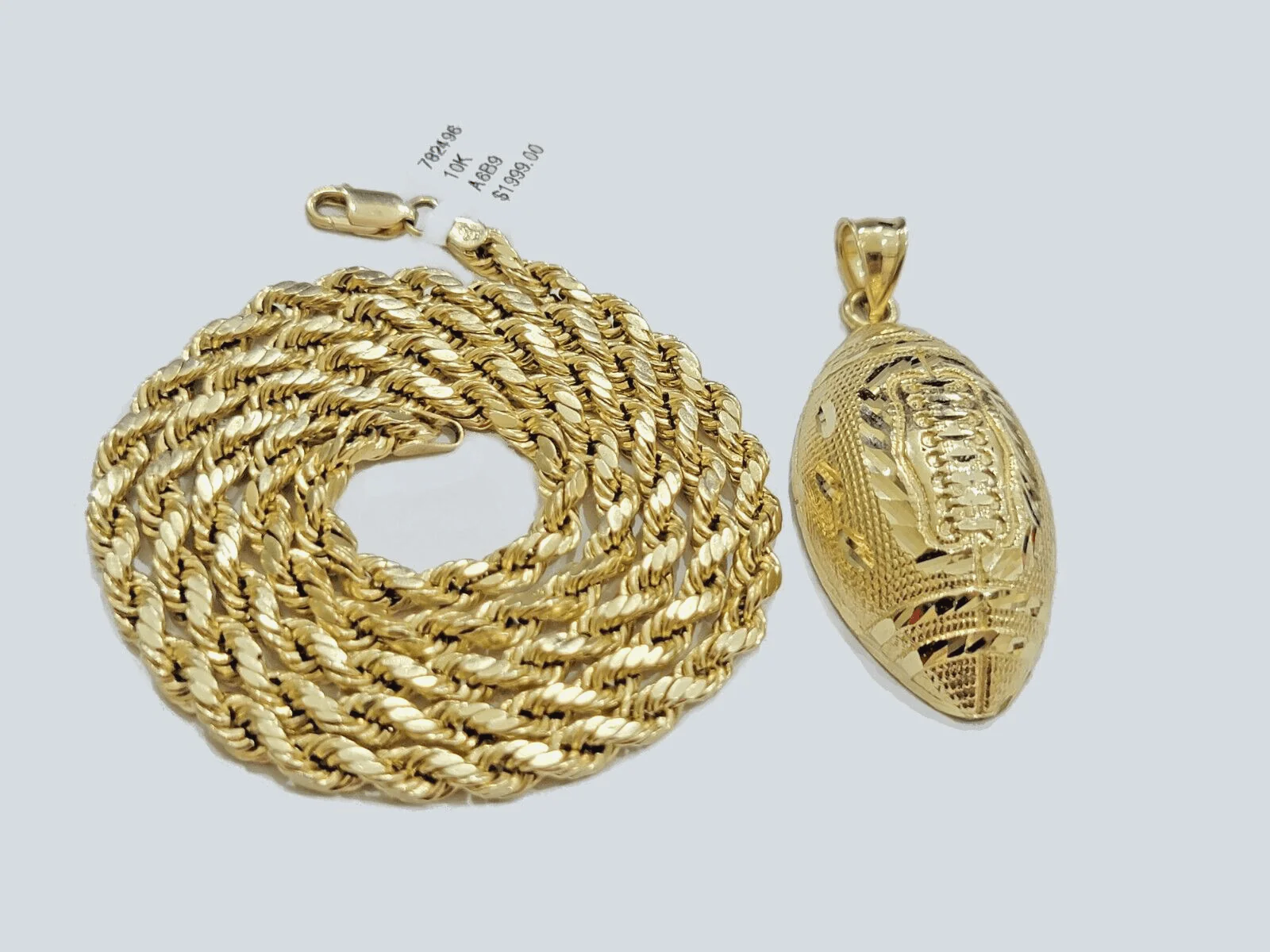 10k Yellow Gold American Football Charm Rope Chain 4mm 22 Inch Necklace Pendant
