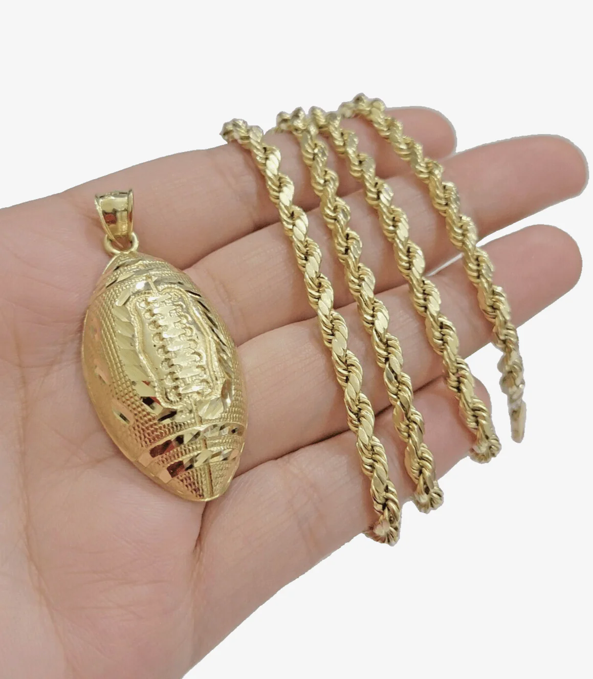 10k Yellow Gold American Football Charm Rope Chain 4mm 22 Inch Necklace Pendant - Image 5