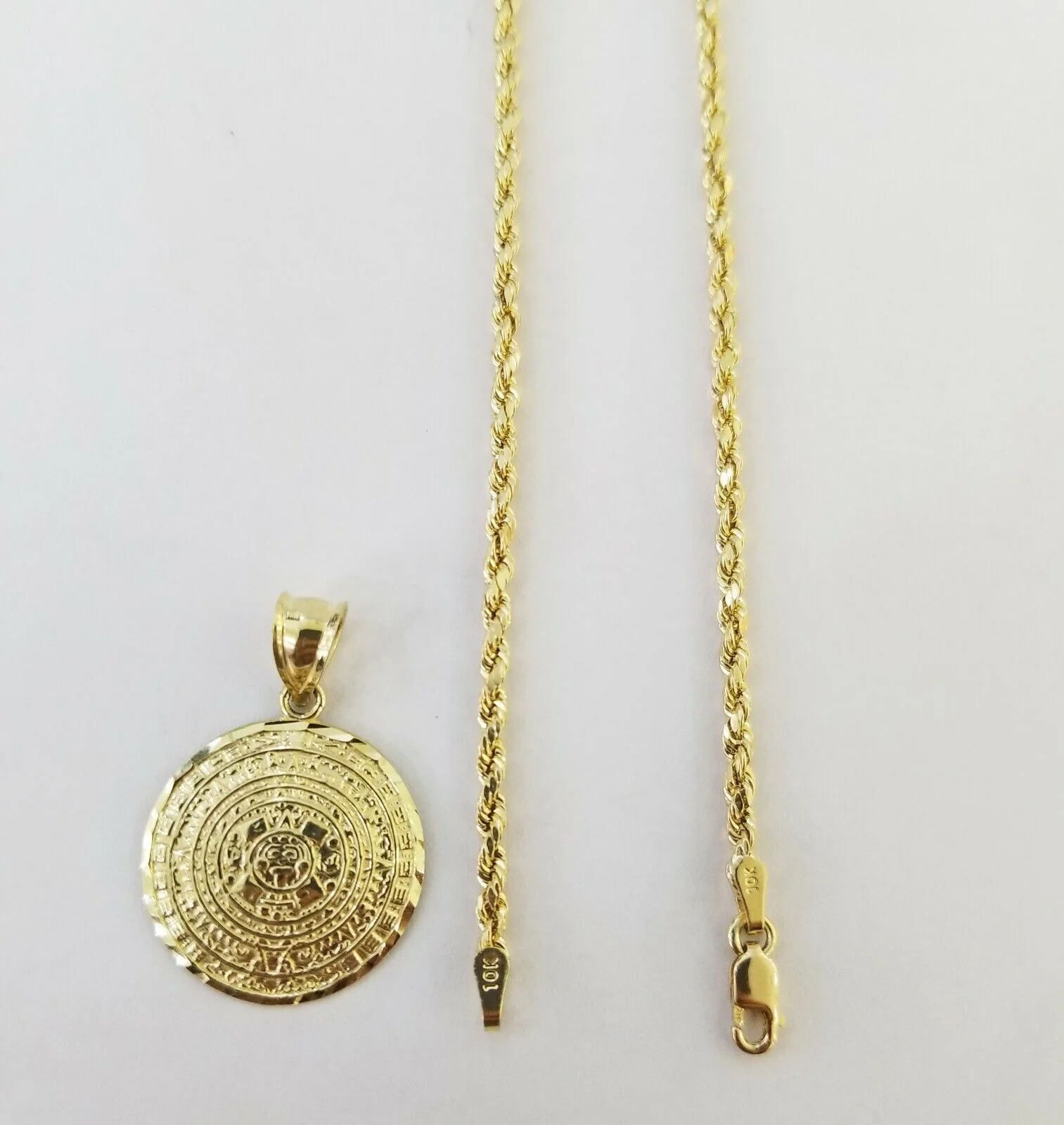 10k Yellow Gold Aztec Calendar charm 3mm rope chain Real Gold set - Image 6