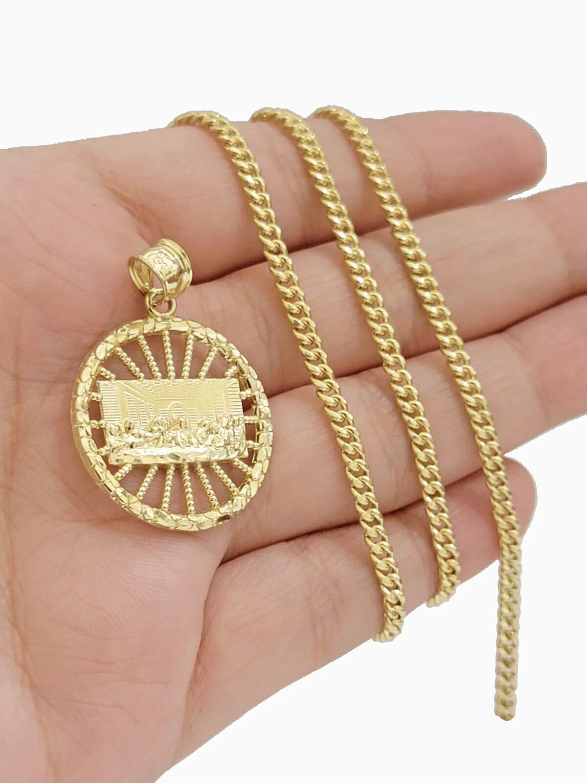 10k Yellow Gold chain Charm Pendant set Miami Cuban 4mm 20 Inch & Last supper - Image 5