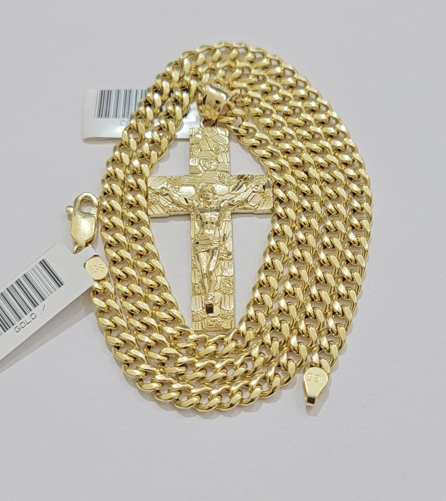 10k Yellow Gold Chain Nugget Pendant Set Miami Cuban link Necklace 5mm 18"-28" - Image 3