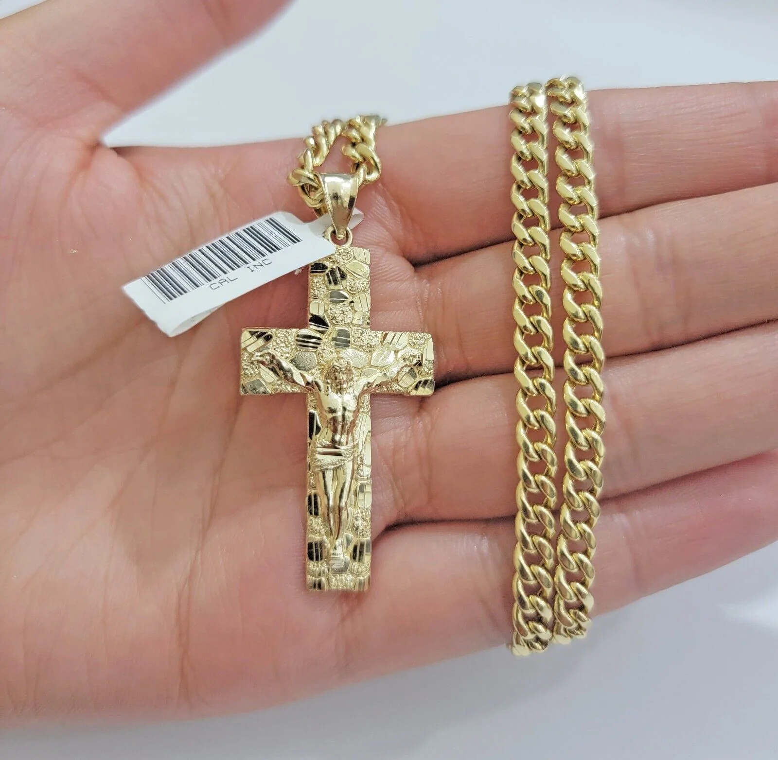 10k Yellow Gold Chain Nugget Pendant Set Miami Cuban link Necklace 5mm 18"-28" - Image 4